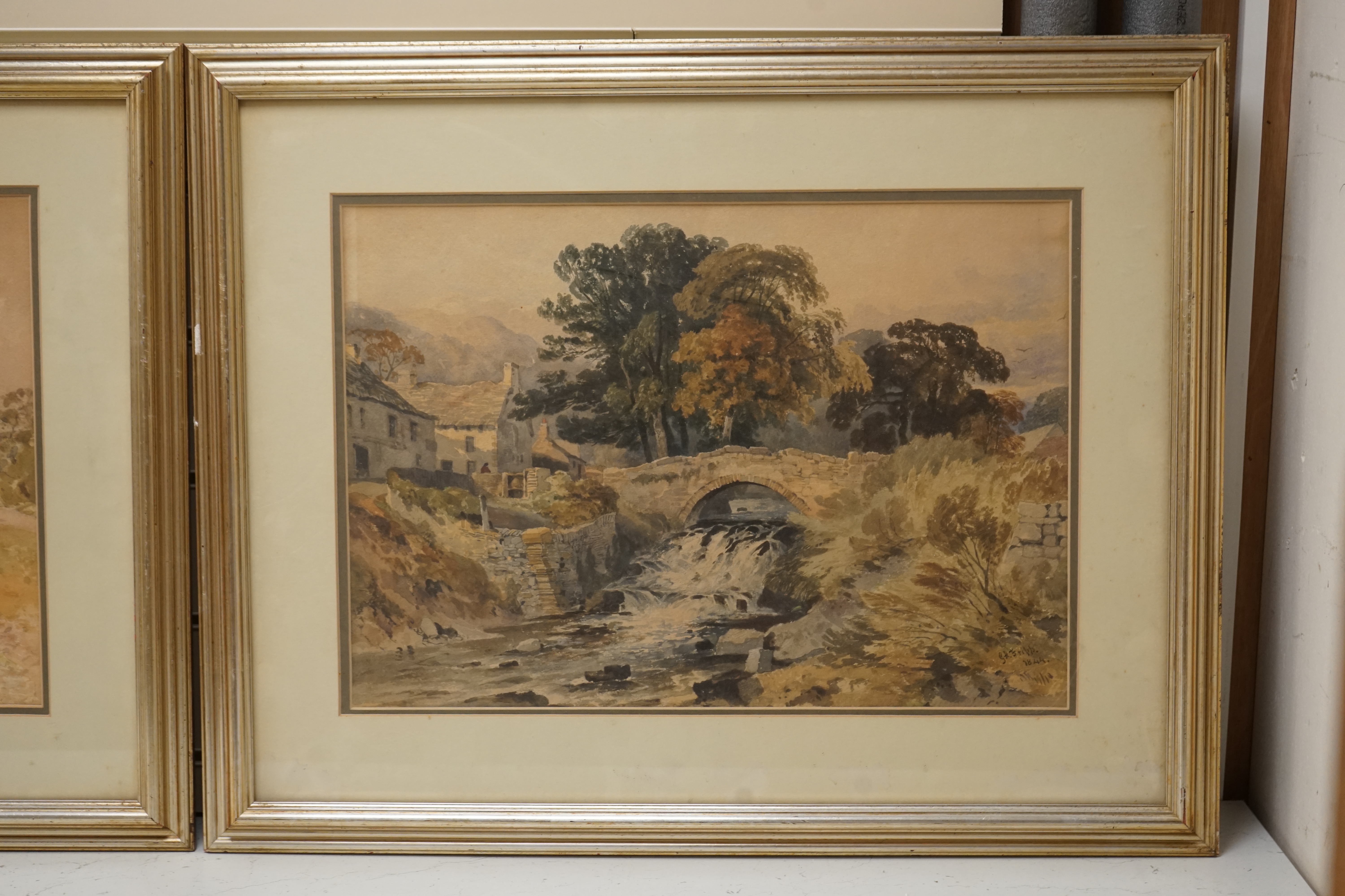 George Arthur Fripp RWS (1813-1896), watercolour, Waterfall beneath a bridge, signed and dated 1844, together with another watercolour, River landscape, indistinctly signed lower left, partially obscured by the mount, 33